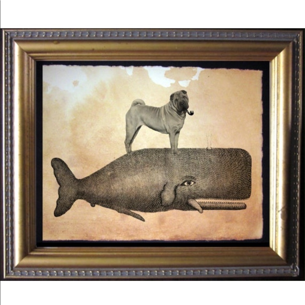 Shar Pei Riding Whale Wall Art Print Tea Stained